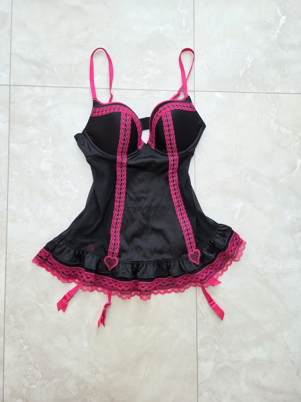 La SENZA Black Chemise with Hot Pink Lace and Garter Straps